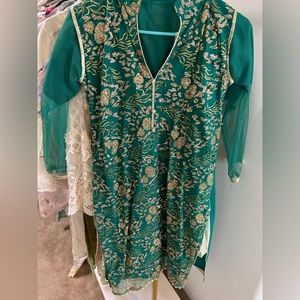 Fancy green garara party wear 3 piece Pakistani outfit